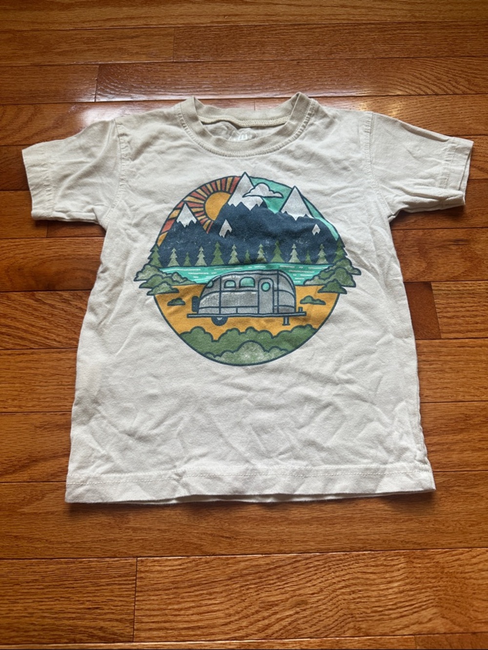 Cream Kids Short-Sleeve Graphic Tee with Camper and Mountain Scene